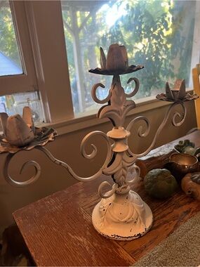 Vintage late 90’s White Distressed French Country Metal Three-Arm Candle Holder